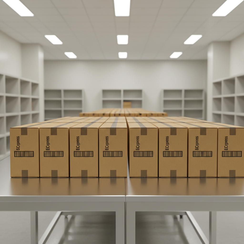 A series of neatly stacked, matte-finished cardboard shipping boxes with precise, machine-printed SC Express labels and reinforced edges, arranged along a stainless steel industrial table in a spacious, uncluttered sorting room. Pale neutral walls and geometric shelving create a sense of structure and efficiency. Diffused overhead fluorescent lighting casts even illumination, reducing shadows and reinforcing a mood of order and competence. Shot from a side angle at eye level to emphasize clean lines and uniformity, the balanced composition captures the essence of organized, modern logistics. The photographic style is crisp and professional, embodying the site’s blend of innovation and meticulous service.