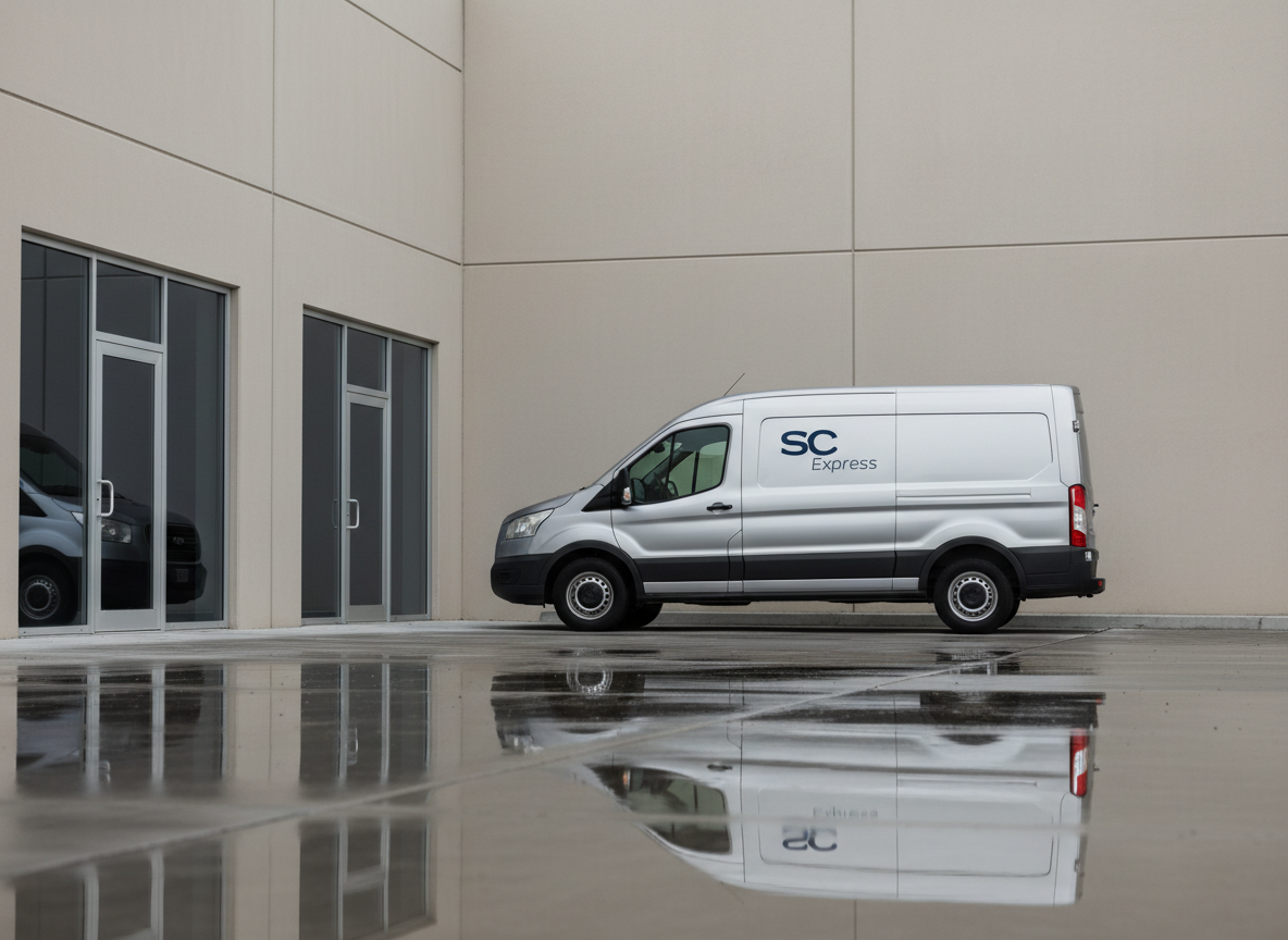 A meticulously maintained, metallic gray delivery van with a sleek, modern design and subtle SC Express branding. The van is parked beside a minimalist warehouse with smooth, neutral-toned concrete walls and spotless glass doors. Clean lines are prominent in both vehicle and building architecture, and the ground is polished concrete with clear reflection. Overhead, soft diffused daylight casts gentle shadows and creates subtle highlights along the vehicle’s contours, reinforcing a sense of order and reliability. The mood is professional and confident. The photo is captured at slight elevation, emphasizing symmetry and corporate identity, with sharp focus throughout. The aesthetic is photographic realism—clean, structured, and modern, perfectly reflecting the site’s dedication to new-generation transport executed with traditional precision.